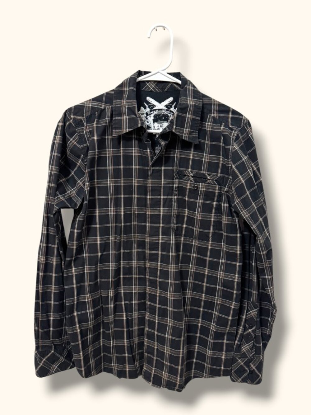 Empyre Button Up Shirt Mens S Black Plaid Long Sleeve Skull Graphic Casual